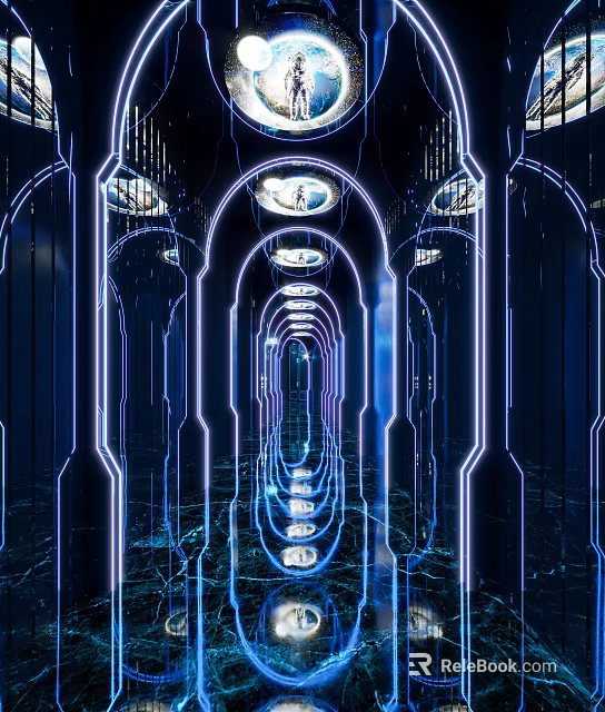 Futuristic KTV Interior Design With Neon Lit Arches Mirror Walls And Reflective Floors 3d model 