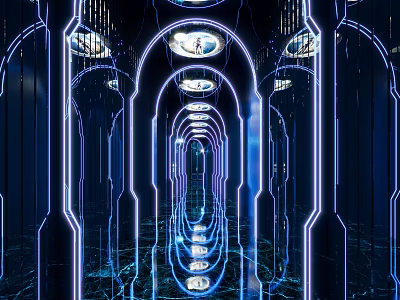Futuristic KTV Interior Design With Neon Lit Arches Mirror Walls And Reflective Floors 3d model