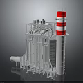 Industrial Equipment Installation With Complex Piping Structural Framework And Red White Striped Tower