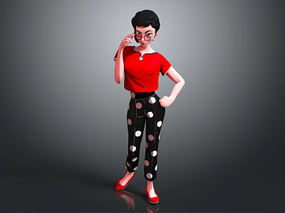 Cartoon Female Character With Black Short Hair Red Shirt And Polka Dot Pants 3d model