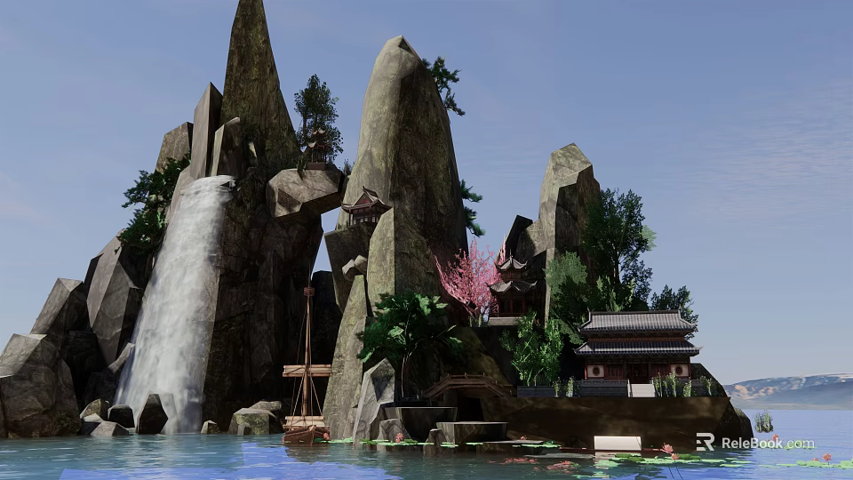 Rockery Stones Garden Landscape With Waterfall Traditional Pavilion Pink Flowering Trees And Small Boat 3d model 