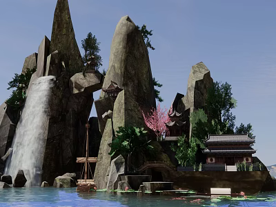 Rockery Stones Garden Landscape With Waterfall Traditional Pavilion Pink Flowering Trees And Small Boat 3d model