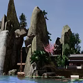 Rockery Stones Garden Landscape With Waterfall Traditional Pavilion Pink Flowering Trees And Small Boat