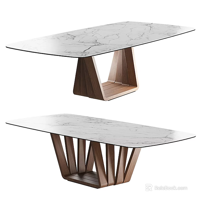 Stylish Modern Dining Table With White Marble Tabletop And Wooden Base 3d model 