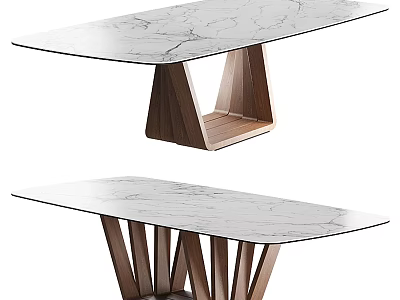 Stylish Modern Dining Table With White Marble Tabletop And Wooden Base 3d model