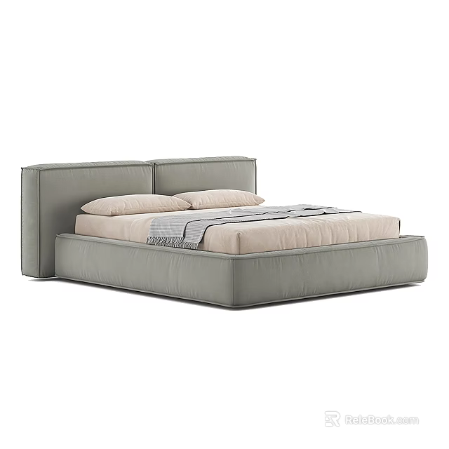 Modern Gray Upholstered Double Bed With Split Headboard Light Mattress Pillows And Blanket 3d model 