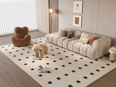Beige Sofa Set with Colorful Cushions Diamond Pattern Rug Bear Shaped Armchair and Floor Lamp 3d model