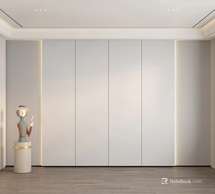 Minimalist Bedroom Accent Wall With Striped Panels Lighting And Sculpture 3d model 