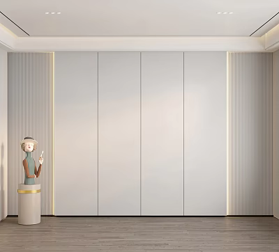 Minimalist Bedroom Accent Wall With Striped Panels Lighting And Sculpture 3d model