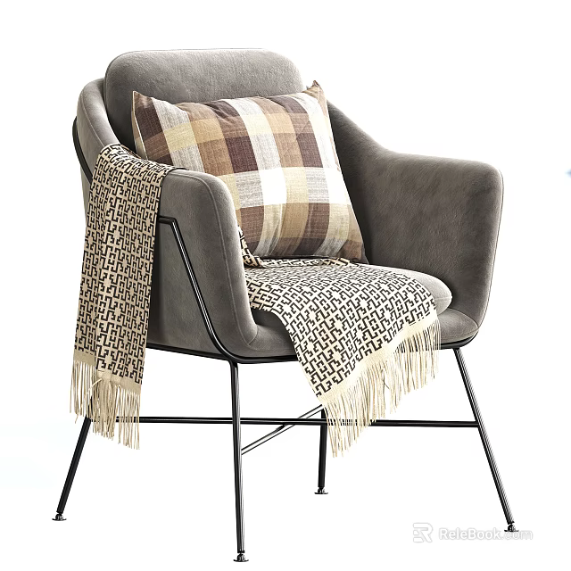 Grey Single Sofa With Plaid Cushion Geometric Fringe Blanket And Metal Legs 3d model 