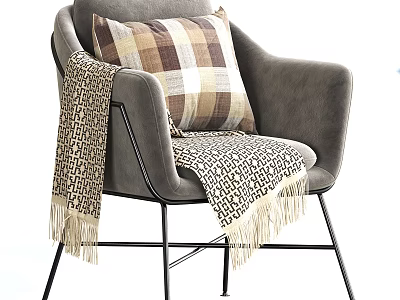 Grey Single Sofa With Plaid Cushion Geometric Fringe Blanket And Metal Legs 3d model