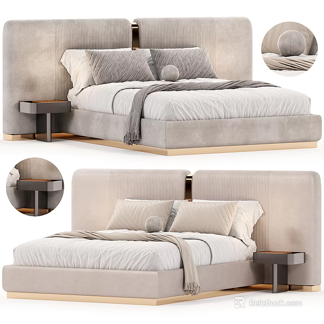 Modern Double Bed With Textured Upholstered Headboard Plush Pillows Throw Blanket And Nightstand 3d model 