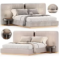 Modern Double Bed With Textured Upholstered Headboard Plush Pillows Throw Blanket And Nightstand