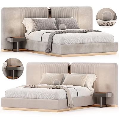Modern Double Bed With Textured Upholstered Headboard Plush Pillows Throw Blanket And Nightstand 3d model