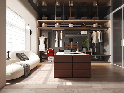 Modern Walk in Closet Interior Design With Hanging Clothes Drawer Cabinet And Cozy Sofa 3d model