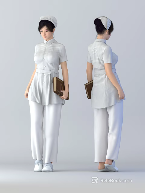 Woman in White Outfit Holding Brown Notebook Front and Back Views 3d model 