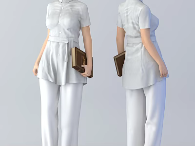 Woman in White Outfit Holding Brown Notebook Front and Back Views 3d model