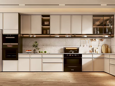 Modern Kitchen Interior With White Cabinets Black Oven Wooden Floor And Wall Mounted Utensils 3d model