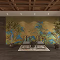 Office Interior Design With Wooden Ceiling Chandelier Bookshelves Large Desk And Rug