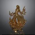 Golden Woman Sculpture With Intricate Flame Like Decorations And Shiny Base