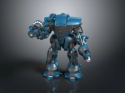 Blue Sci Fi Robot With Metallic Armor And Mechanical Arm Design 3d model