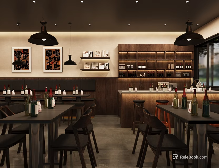 Stylish Bar Interior With Wooden Counter Tables Chairs And Wine Bottles 3d model 