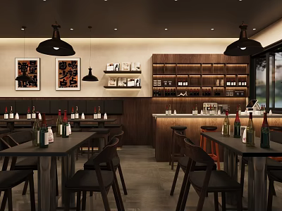 Stylish Bar Interior With Wooden Counter Tables Chairs And Wine Bottles 3d model
