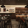 Stylish Bar Interior With Wooden Counter Tables Chairs And Wine Bottles