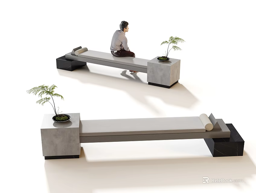 Outdoor Modern Landscape Concrete Bench Design With Small Plants For Relaxation 3d model 