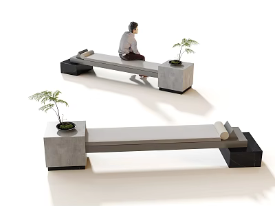 Outdoor Modern Landscape Concrete Bench Design With Small Plants For Relaxation 3d model