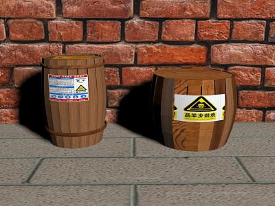 Two Wooden Barrels With Warning Labels Against Red Brick Wall On Stone Pavement 3d model