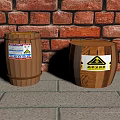Two Wooden Barrels With Warning Labels Against Red Brick Wall On Stone Pavement