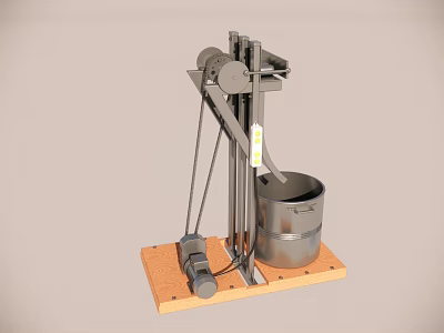 Mechanical Lifting Device with Metal Frame Pulley System Bucket and Motor on Wooden Base 3d model