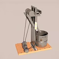 Mechanical Lifting Device with Metal Frame Pulley System Bucket and Motor on Wooden Base
