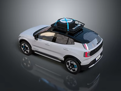 White Modern Car With Black Roof Rack And Blue Accented Wheels 3d model