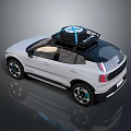 White Modern Car With Black Roof Rack And Blue Accented Wheels