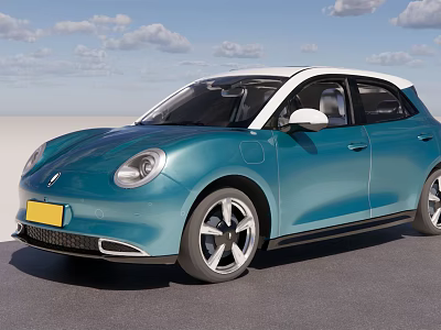 Modern Blue And White Electric Car With Round Front Face And Two Tone Roof 3d model