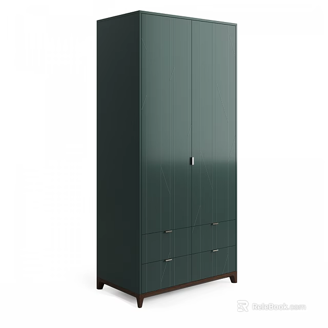 Dark Green Modern Wardrobe With Sleek Surface Doors Wooden Legs And Drawers 3d model 