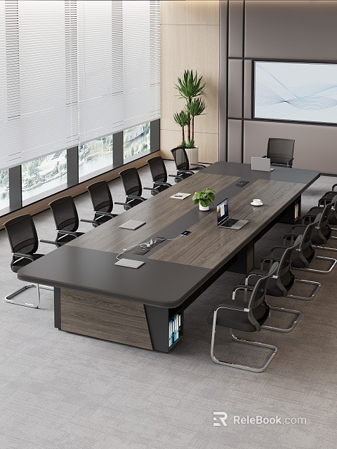 Modern Conference Table With Black Chairs Laptop Green Plant Documents Projection Screen And Large Windows 3d model 