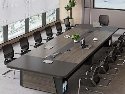 Modern Conference Table With Black Chairs Laptop Green Plant Documents Projection Screen And Large Windows 3d model