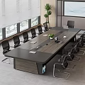 Modern Conference Table With Black Chairs Laptop Green Plant Documents Projection Screen And Large Windows