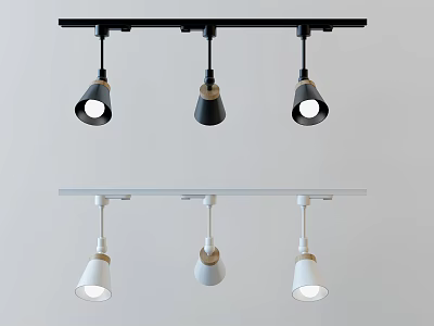 Adjustable Modern Track Spotlights With Black White Rails And Wooden Accents 3d model