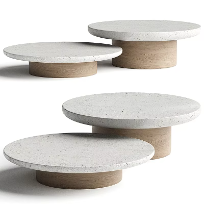 Set of Three Modern Round Coffee Tables With Concrete Tops And Wooden Bases 3d model