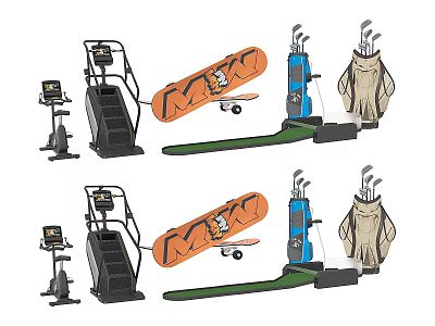 Sports Equipment Selection Featuring Treadmill Snowboard Golf Bag And Exercise Bike 3d model