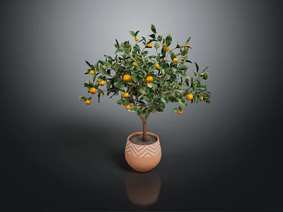 Potted Citrus Tree with Yellow Fruits in Brown Patterned Pot Against Dark Background 3d model