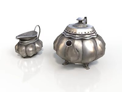Set of Two Silver Metal Household Items With Traditional Pumpkin Shape Handle Spout and Lid 3d model