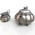 Set of Two Silver Metal Household Items With Traditional Pumpkin Shape Handle Spout and Lid