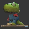 Green Lizard Stuffed Animal With Blue Outfit And Red Gloves On Wooden Platform