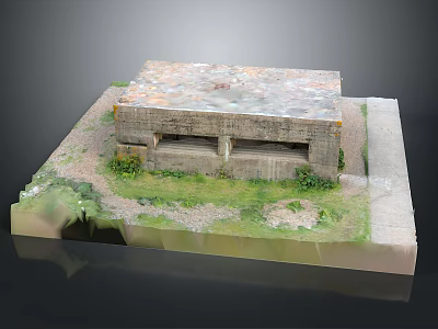 Concrete Military Bunker Model With Textured Roof Two Openings Grass And Display Base 3d model