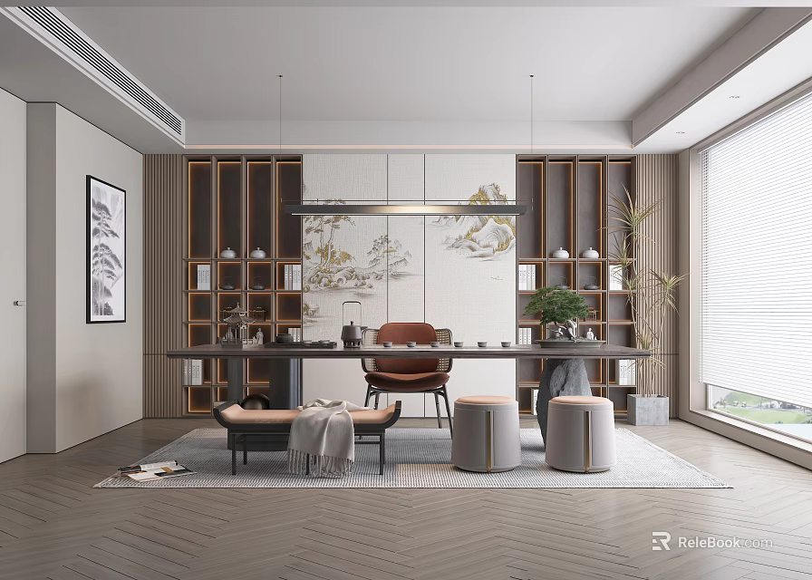 Serene Tea Room Interior With Wooden Shelves Tea Table And Green Plants 3d model 